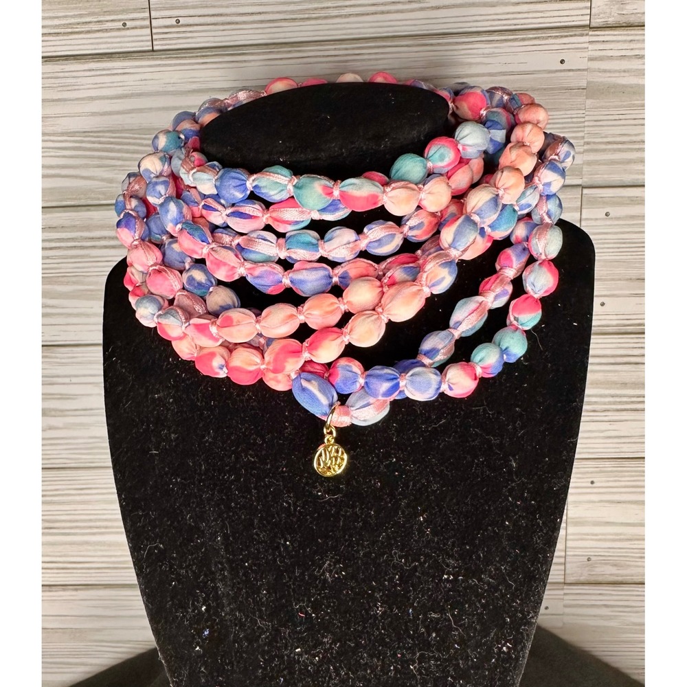 Lilly Pulitzer Fabric Bubble Bead Necklace Pink Blue Excellent Multi-Strand
